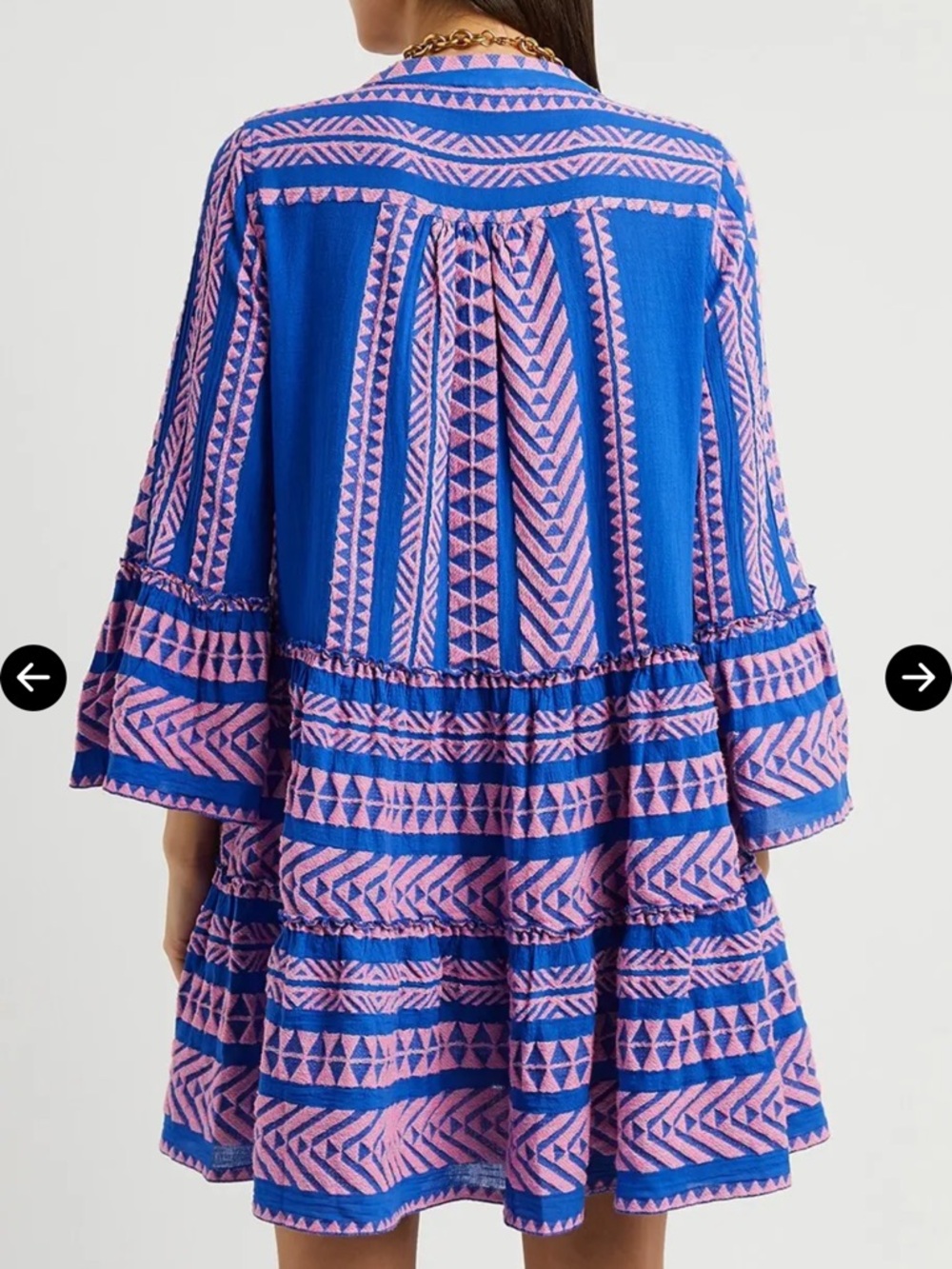 Devotion TWINS Blue Pink Geometric Woven Tier Bell Sleeve Mini Dress Medium - Picture 4 of 12